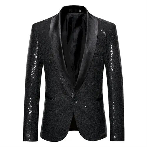 Elegant svart glittrig herrkavaj för fest och utekväll, perfekt för formella tillfällen.