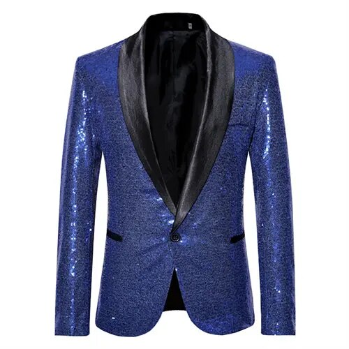 Närbild på den glittriga texturen av en herrblazer, perfekt för festkläder och en snygg stil.
