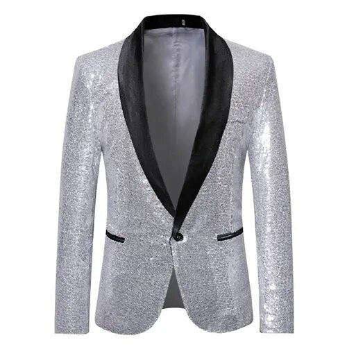 Ljusgrå glittrig herrkavaj, elegant och formell festklädsel för en stilfull och snygg look.