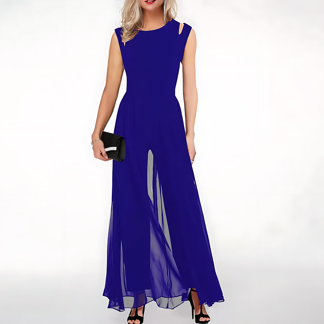 Blå kvinnors jumpsuit med modern design. Trendig och bekväm för både kontor och fest.