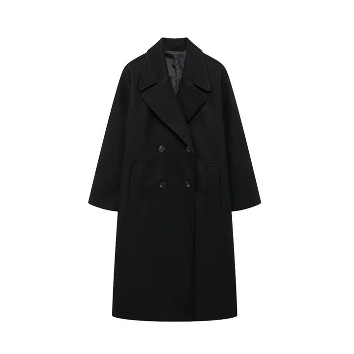 Elegant svart kvinnors vinterkappa, tidlös stil för kalla dagar. Perfekt ytterplagg för mode och värme.