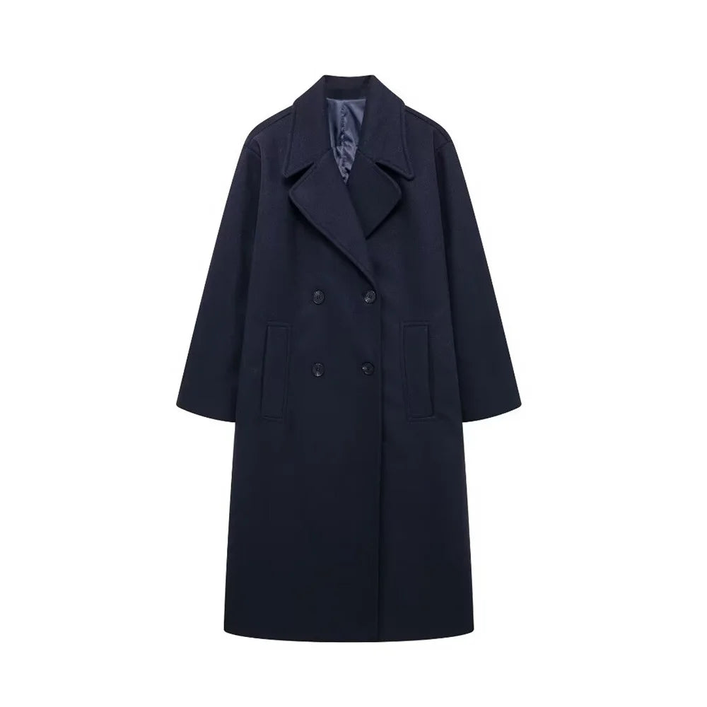 Klassisk svart kvinnors vinterkappa, perfekt för mode och elegans. Ett varmt ytterplagg för stilmedvetna kalla dagar.