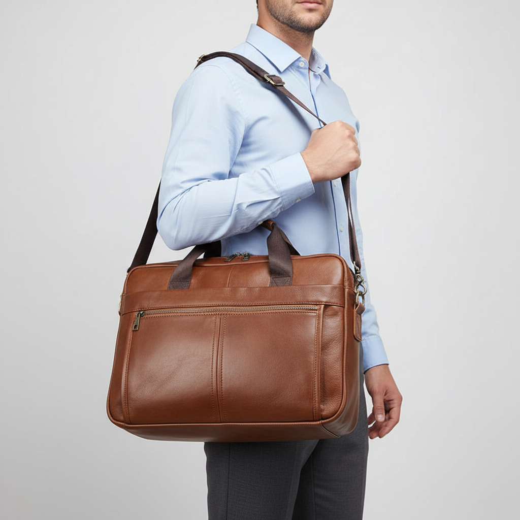 Stilren svart laptopväska i äkta läder. Elegant portfölj & arbetsväska för en sofistikerad look.