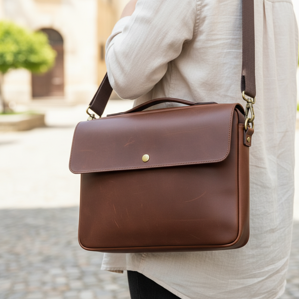 Elegant svart läder laptopväska från LeatherMate för damer och herrar, perfekt som stilren arbetsväska.