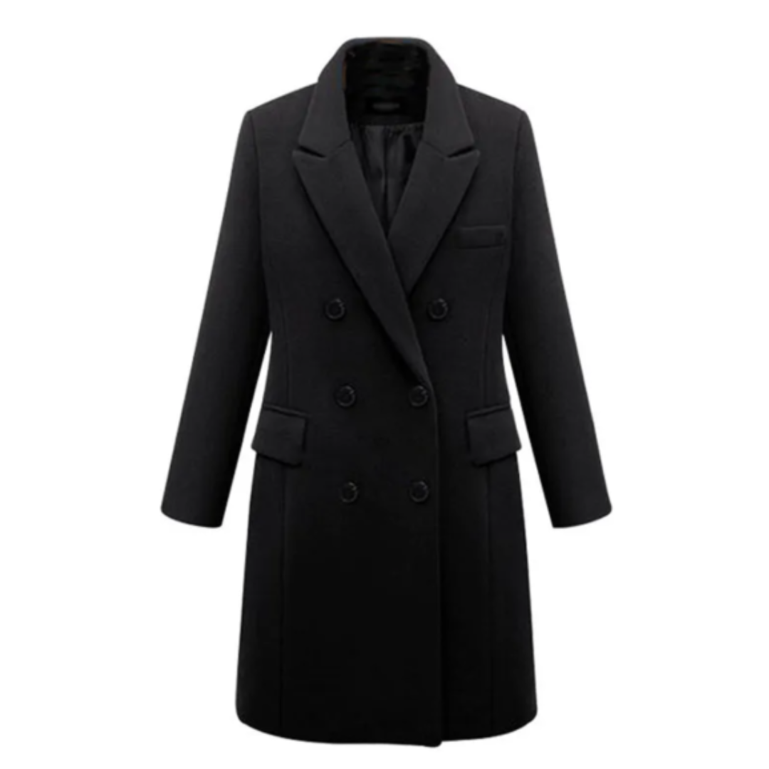 Elegant svart lång damkappa med knäppning. Modern vinterkappa för kvinna, perfekt för kalla vinterdagar.