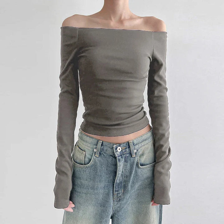 Brun långärmad offshoulder topp för dam, axelbar och elegant. Passar vardag, fest & kvällsoutfit.