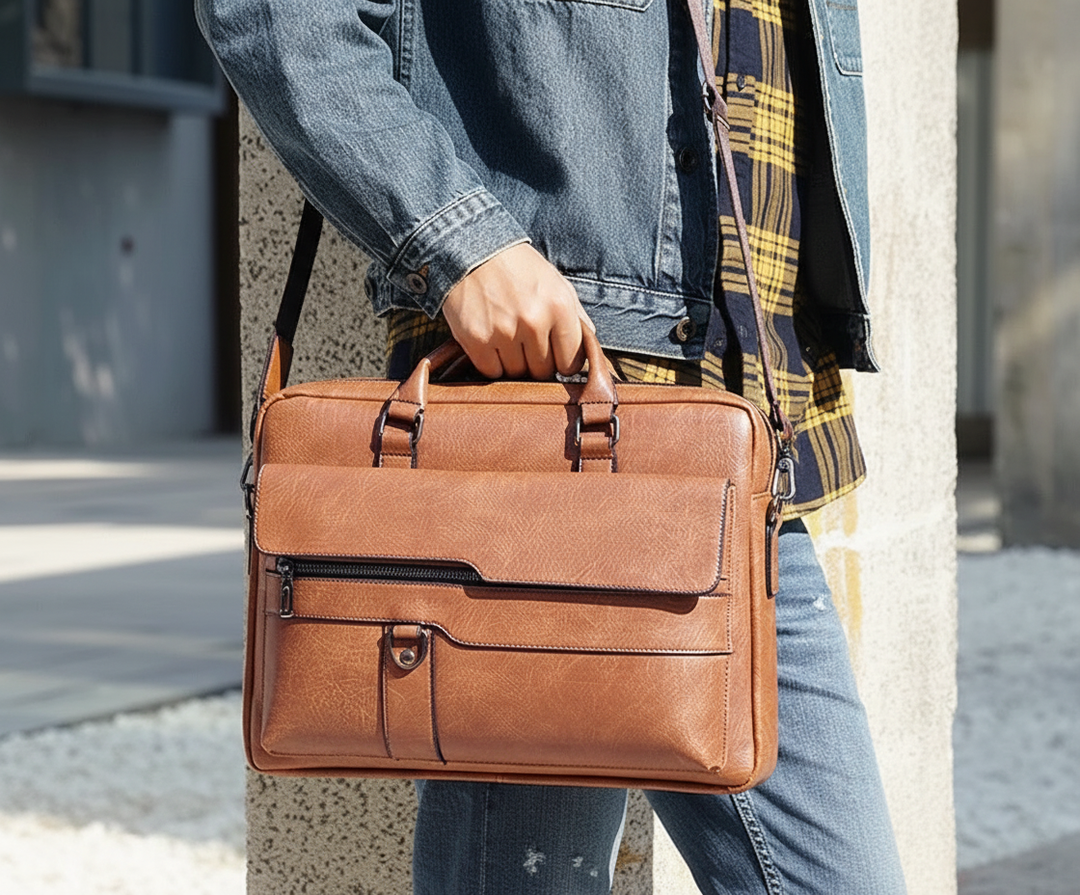 Elegant svart laptopväska med professionell design. Perfekt för kontoret och affärsmöten.