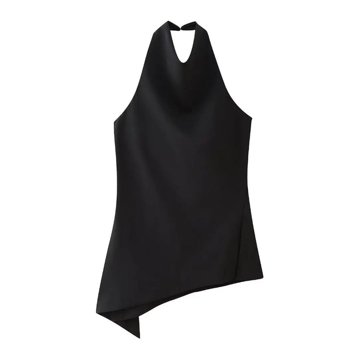 Närmare bild av kvinnors halternecktopp, del av elegant tvådelat set med raka byxor. Modenyhet.