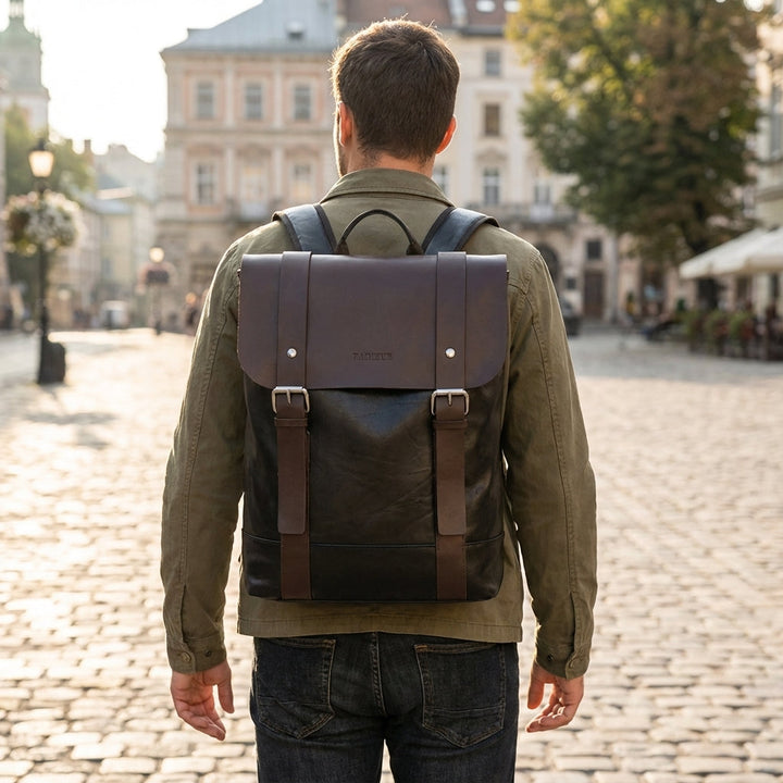 Elegant svart vattentät läderryggsäck med laptopfack. Perfekt unisex pendlar- & affärsryggsäck.