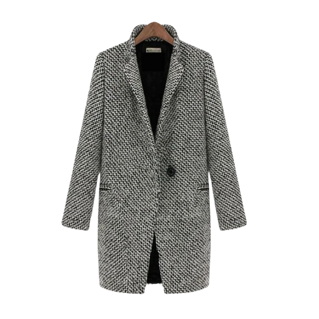 Elegant svartvit houndstooth damvinterkappa, stilrent ytterplagg för kalla dagar och höstmode.