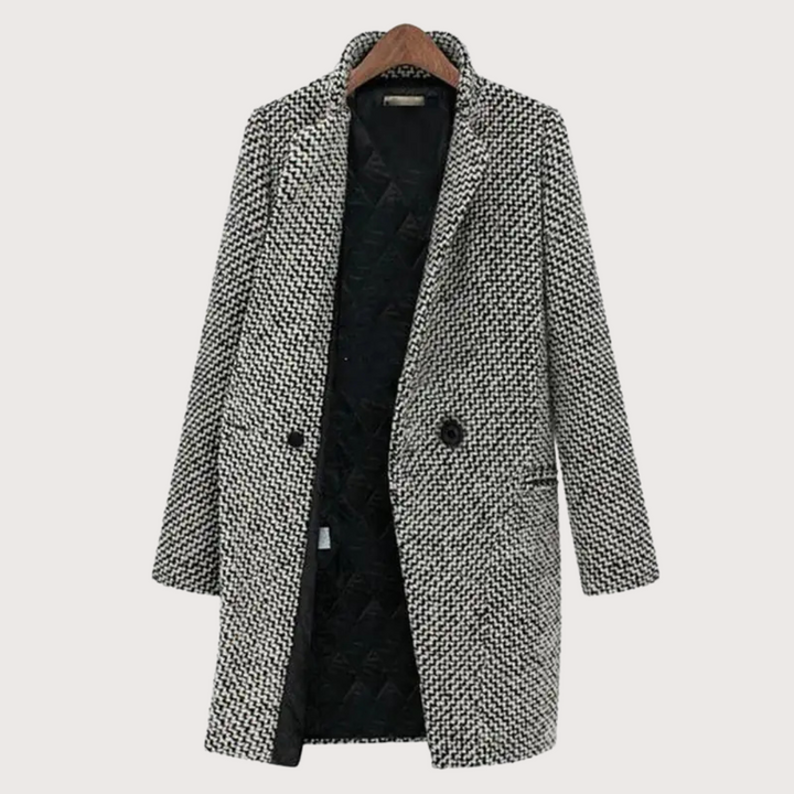 Modeinriktad damkappa, varm houndstooth vinterkappa som klassiskt ytterplagg för damkläder.