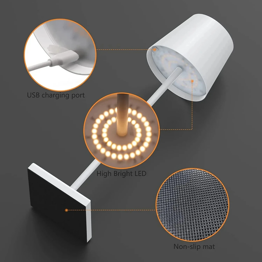 Laddbar bordslampa med elegant design, idealisk för både inomhus- och utomhusinredning. Vattentålig.