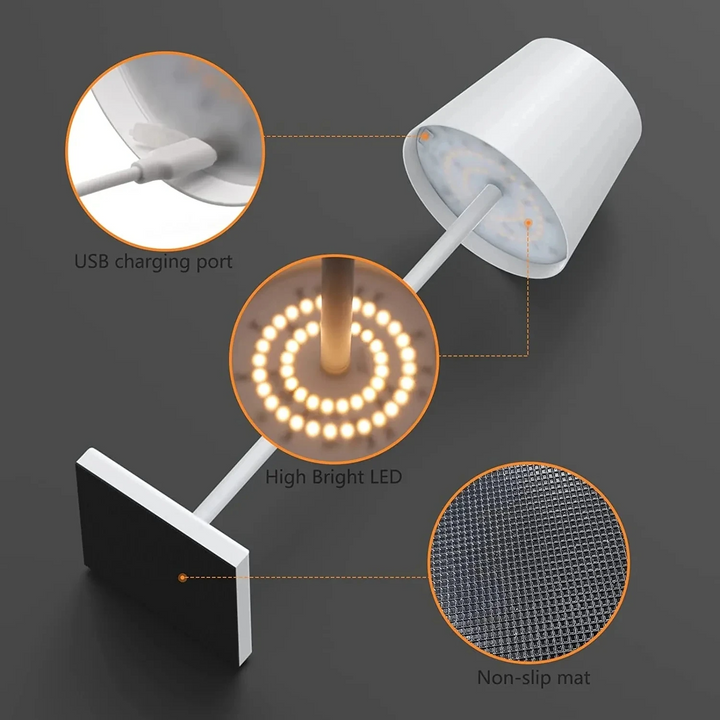 Laddbar bordslampa med elegant design, idealisk för både inomhus- och utomhusinredning. Vattentålig.