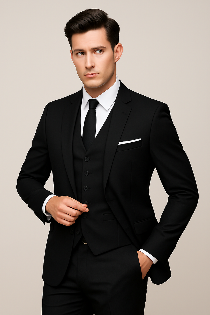 Formell tredelad herrdräkt med kavaj, väst och byxor. Perfekt kostymset för män, elegant stil.