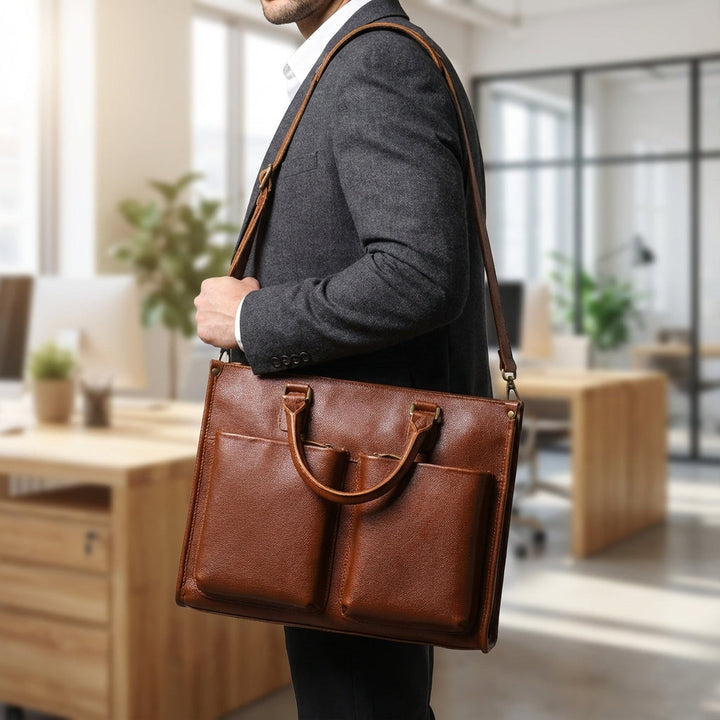 Elegant unisex affärsportfölj i brunt läderimitation, perfekt för laptop och dokument. Stilren kontorsväska för pendling.