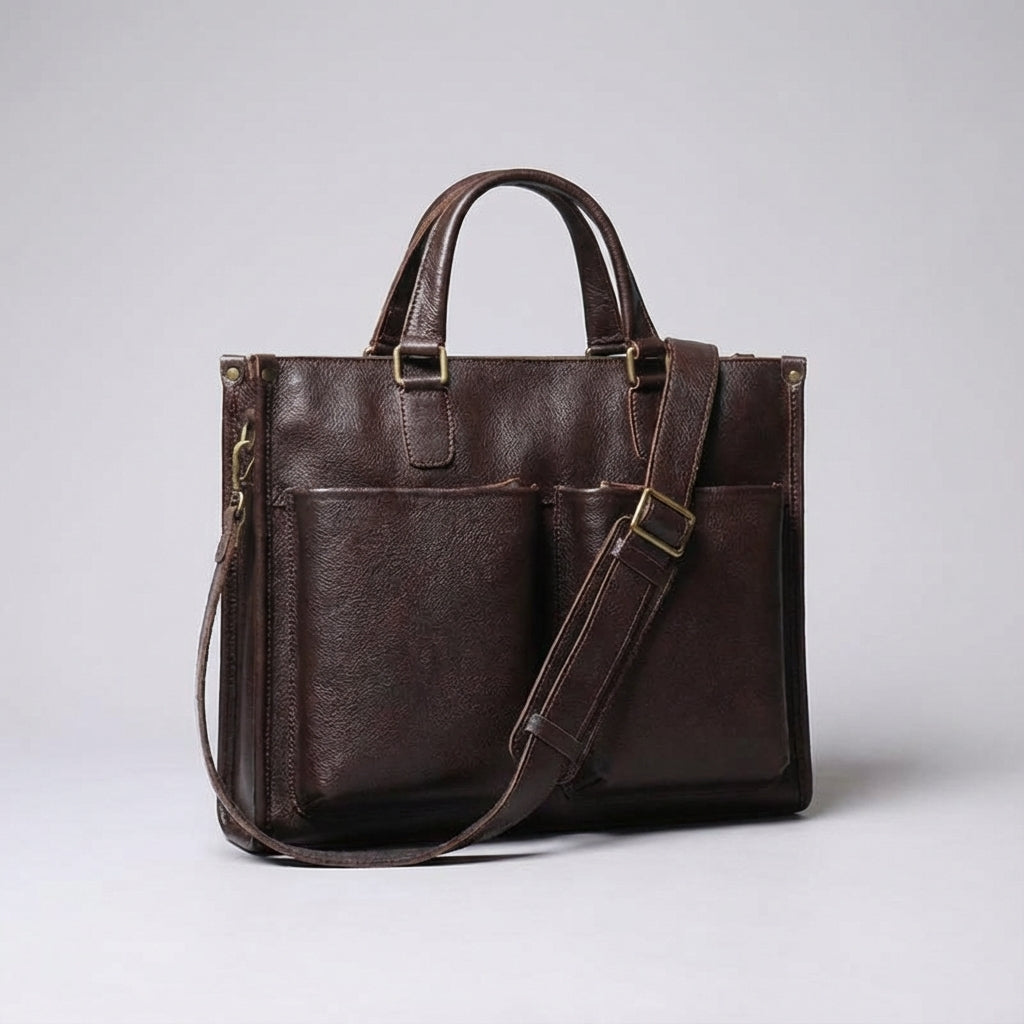 Premium unisex affärsportfölj i brun läderimitation, optimal som laptopväska och dokumentväska. Stilren för kontoret.