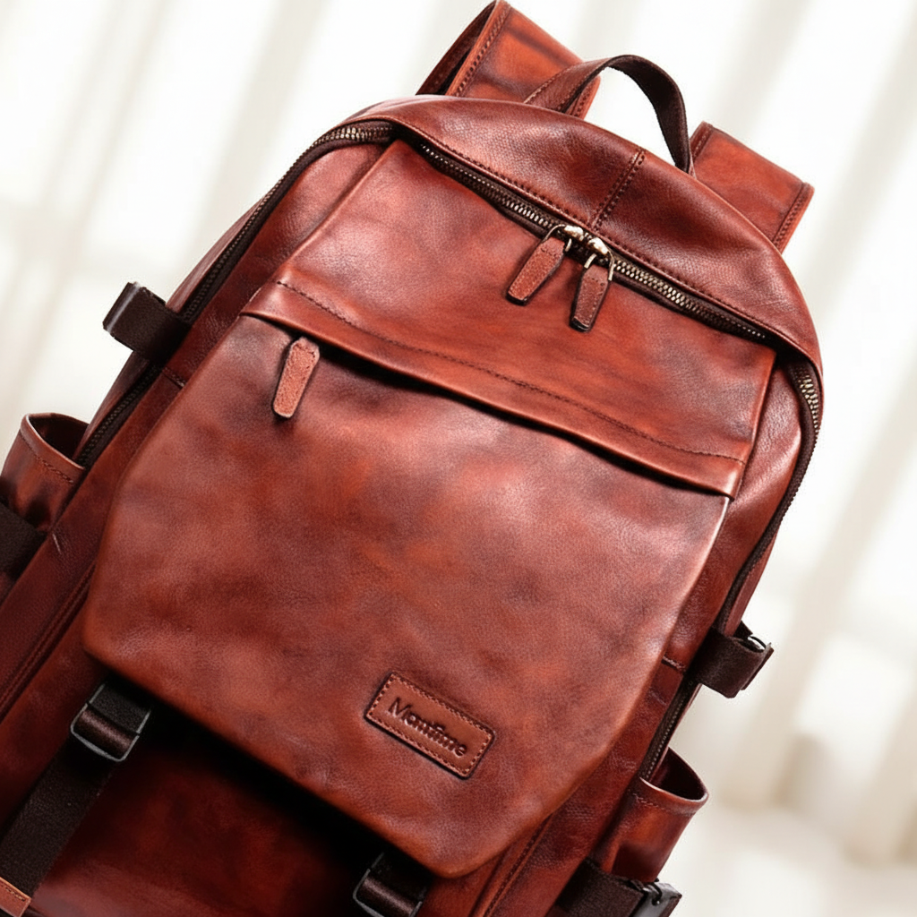 Stilren unisex vardagsryggsäck i bordeaux läder. Perfekt som elegant laptopväska för arbete.