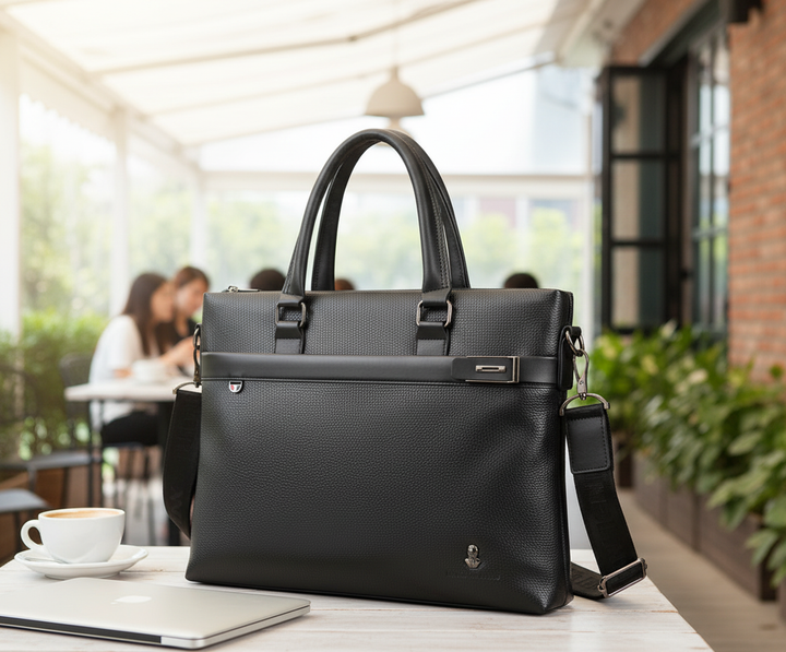 Elegant unisex laptopväska i brunt läder för arbete och resor, perfekt för 15-tums bärbar dator.