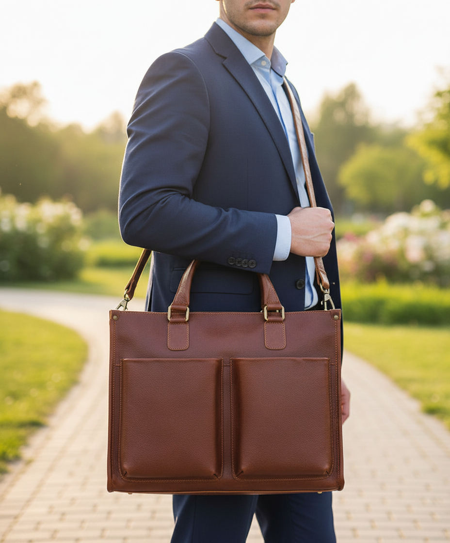 Elegant unisex laptopväska i naturligt läder för arbete och resor.