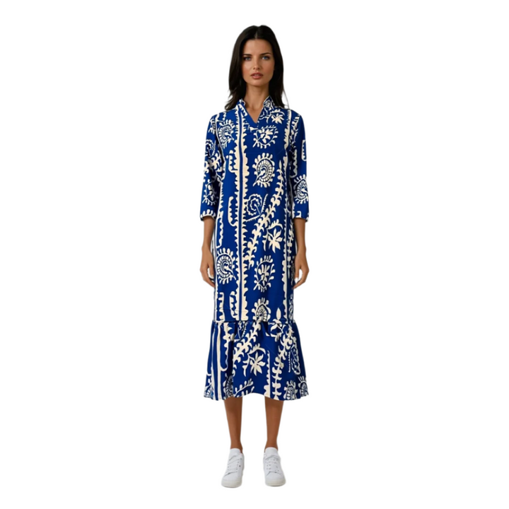Elegant v-ringad damklänning med somrigt tryck i lätt polyester. Perfekt vardags- och festklänning för kvinnor.