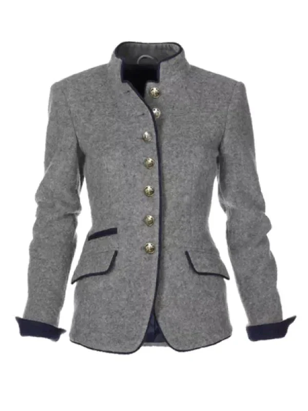 Unik damkavaj med vintage charm, tvåfärgad design och stängd krage. Elegant och mångsidig kontorskavaj.
