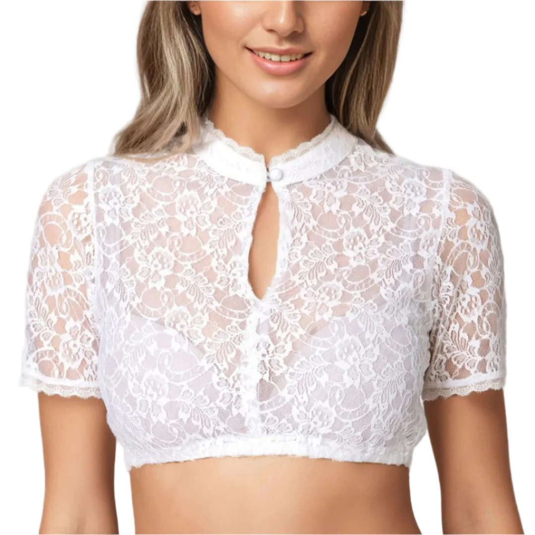 Elegant vit damblus för Oktoberfest, med fina detaljer, perfekt för fest och sommar.