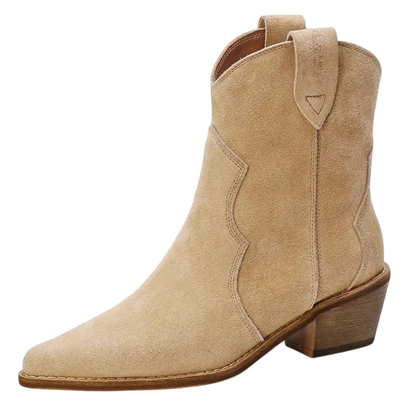 Eleganta beige damstövlar i cowboydesign med hög klack. Perfekta cowboystövlar för vardag eller fest.