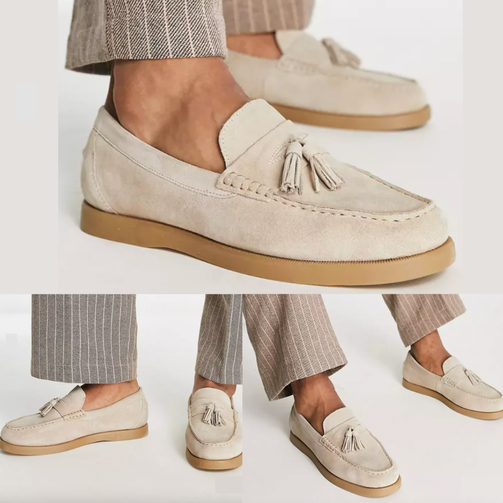 Komfortabla beige herrloafers, andningsaktiva sommarskor med elegant design för en stilren look.