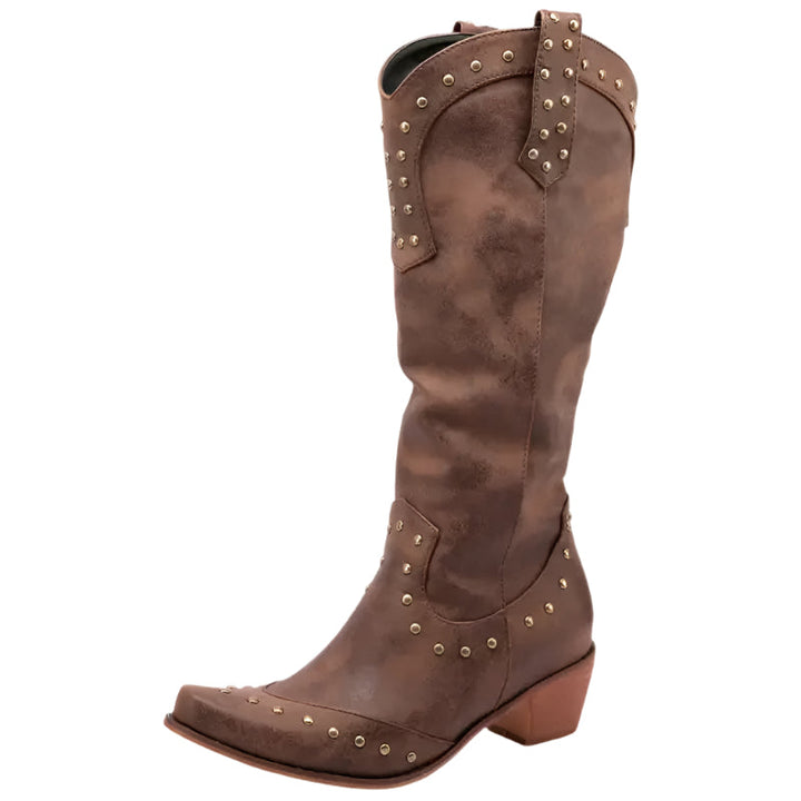 Eleganta dam cowboystövlar i brun westernstil med spetsig tå, perfekta för mode och dans.