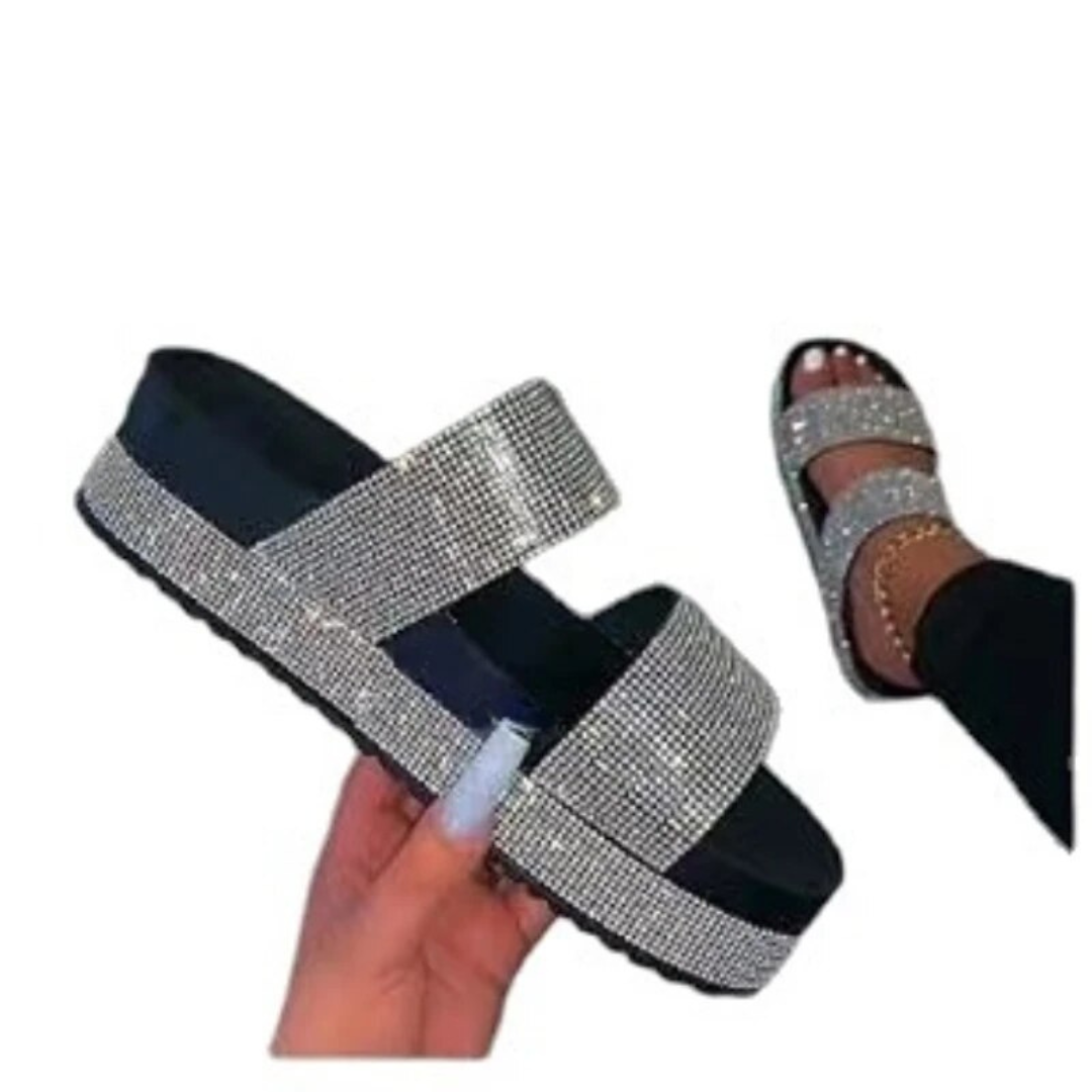 Eleganta dams platåsandaler med skimrande glitter för sommarfester och stilfulla tillfällen.