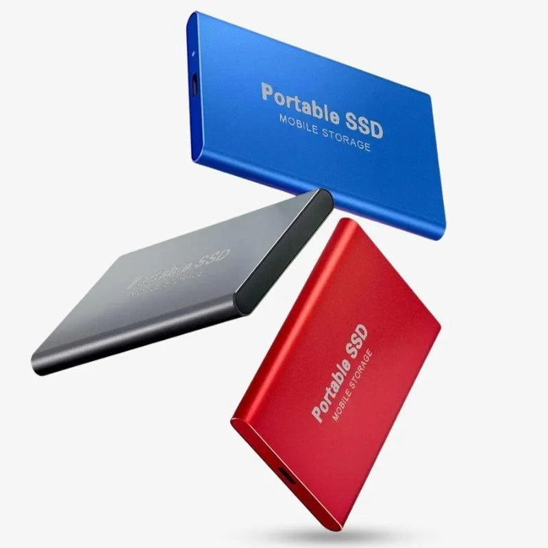 "Eleganta, extern SSD i aluminium för snabb dataöverföring, 1-16TB kapacitet, finns i blå, guld, röd, svart."