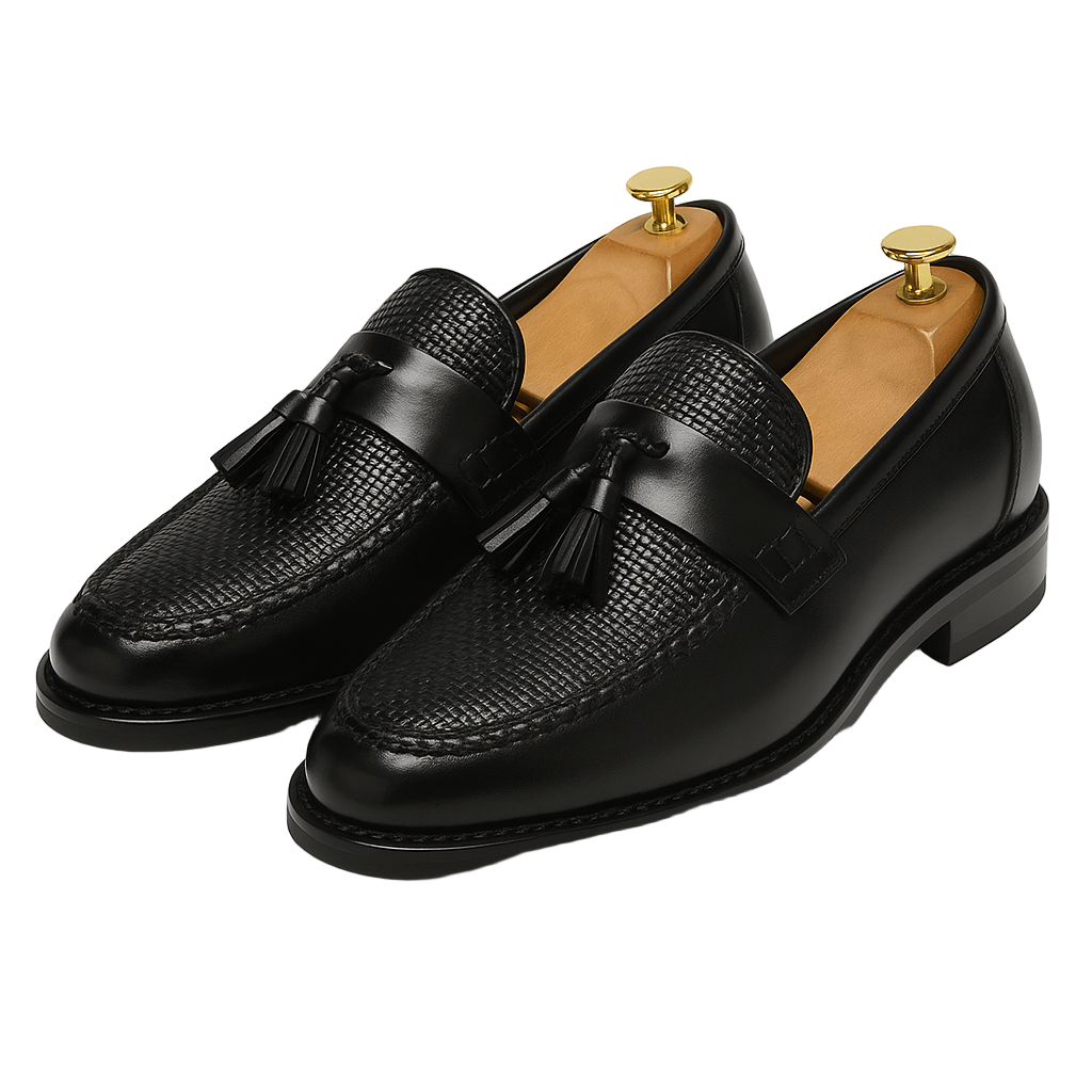 Eleganta herrloafers med tofsar i brunt läder för stil och komfort. Perfekta för formella tillfällen eller business.