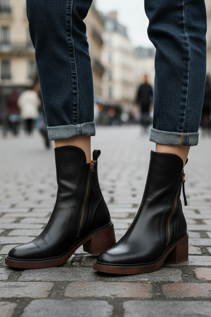 Svarta klackstövlar för dam med rund tå och stabil fyrkantig klack. Tidlösa & mångsidiga boots.