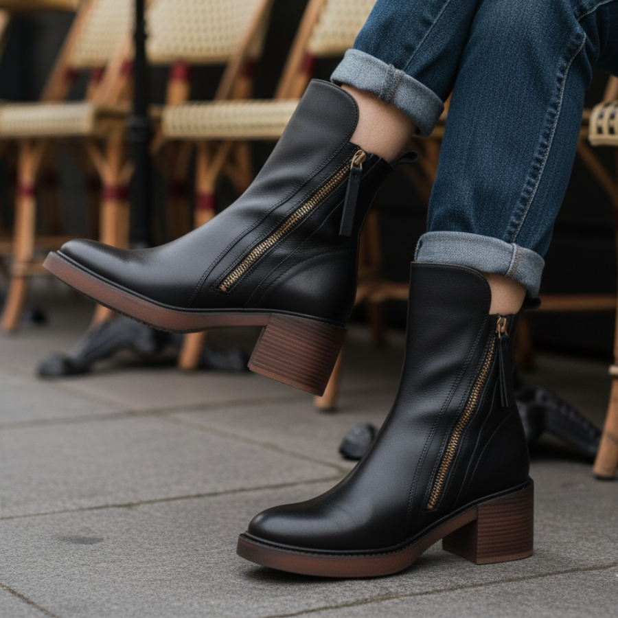 Kvinnors eleganta boots med klack. Tidlösa svarta stövlar för höst- och vintermode, med rund tå.