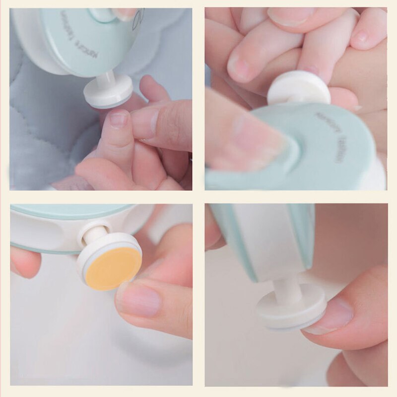Elektrisk baby nagelfil i handen, visar dess kompakta storlek och användarvänliga design för barn.