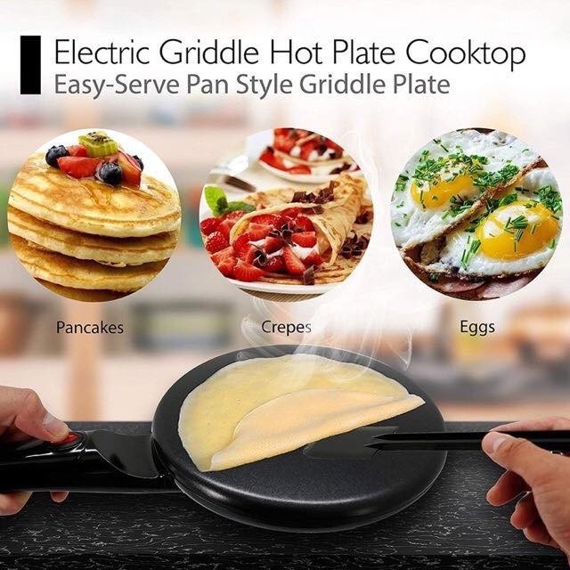 Elektrisk pannkakslagg med tillbehör för enkel spridning av smet, frukosttillredare present.