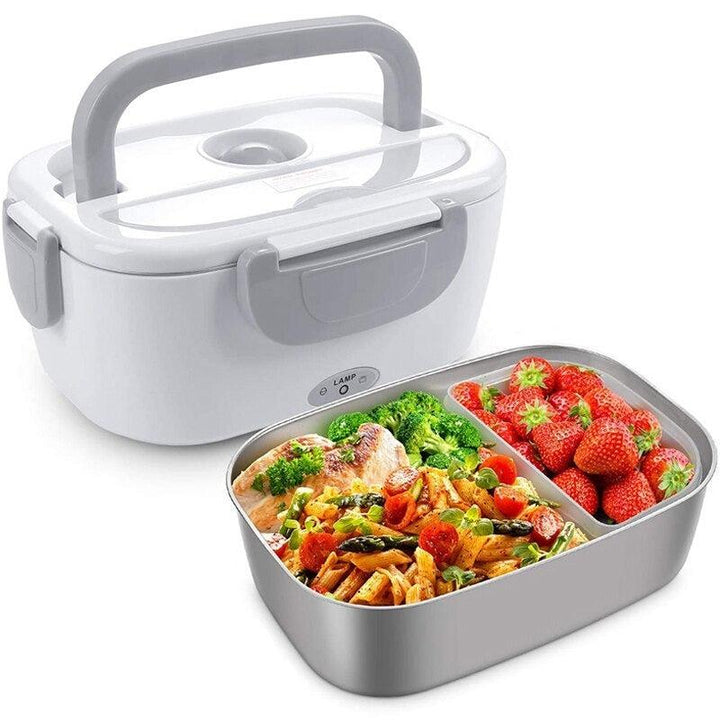 Elektrisk matlåda i rostfritt stål, perfekt för en varm kontorslunch.