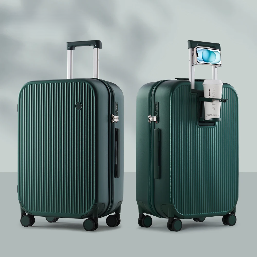 Elegant bagage med dryckes- och mobilhållare, samt lättviktigt hårt skal för den moderna resenären.
