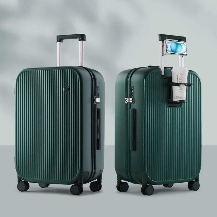 Elegant bagage med dryckes- och mobilhållare, samt lättviktigt hårt skal för den moderna resenären.