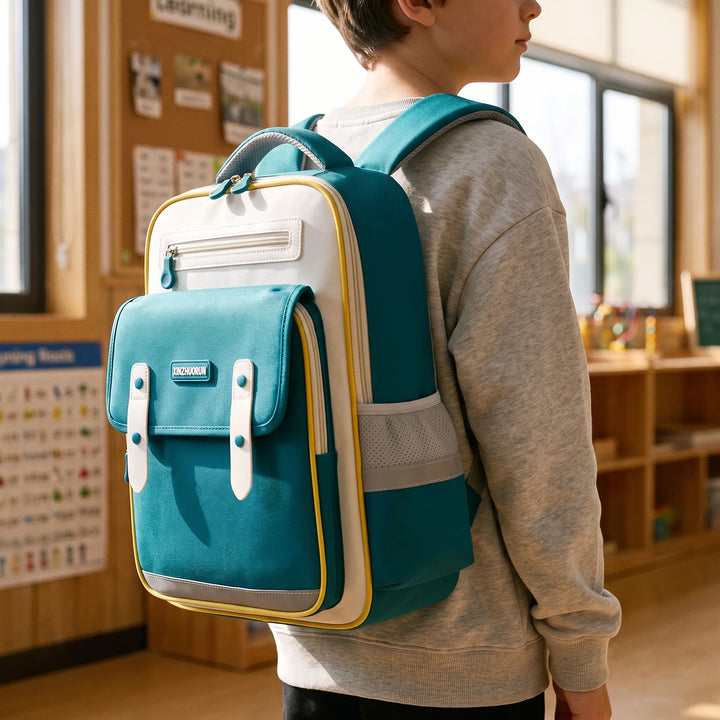 Ergonomisk skolryggsäck för barn i trendig färg, med stödjande design och reflekterande detaljer för skolan.