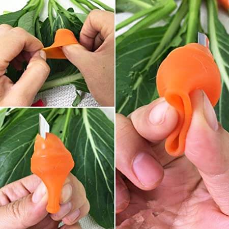 Tumkniv med integrerat fingerskydd och ergonomisk design för säker och bekväm grönsaksskörd.