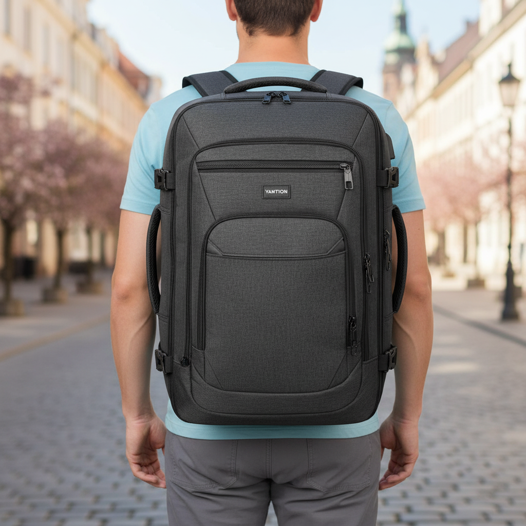 Expanderbar reseryggsäck för laptop, perfekt handbagage. Svart, vattentålig, organiserad för smarta resor.