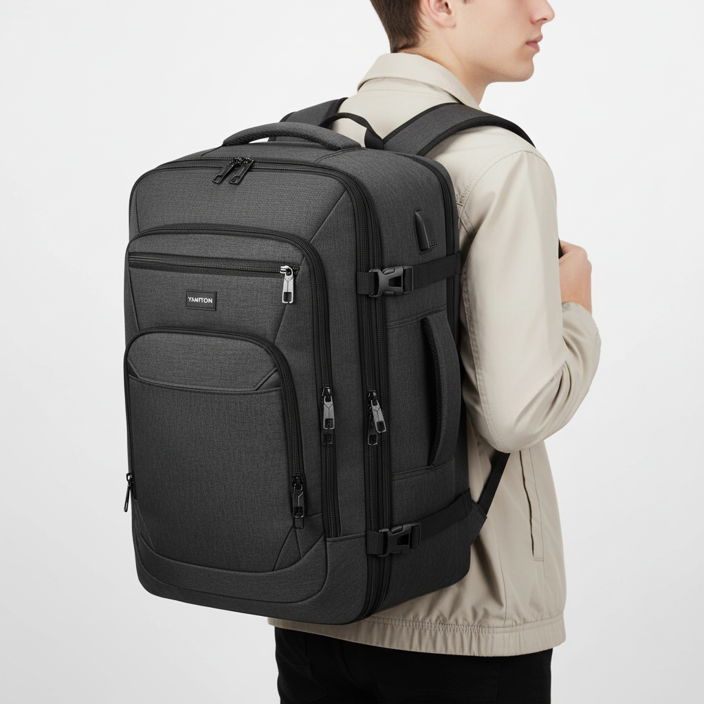 Smart laptopryggsäck, expanderbar för flygresa. Optimalt handbagage med smarta fack för organiserad packning.