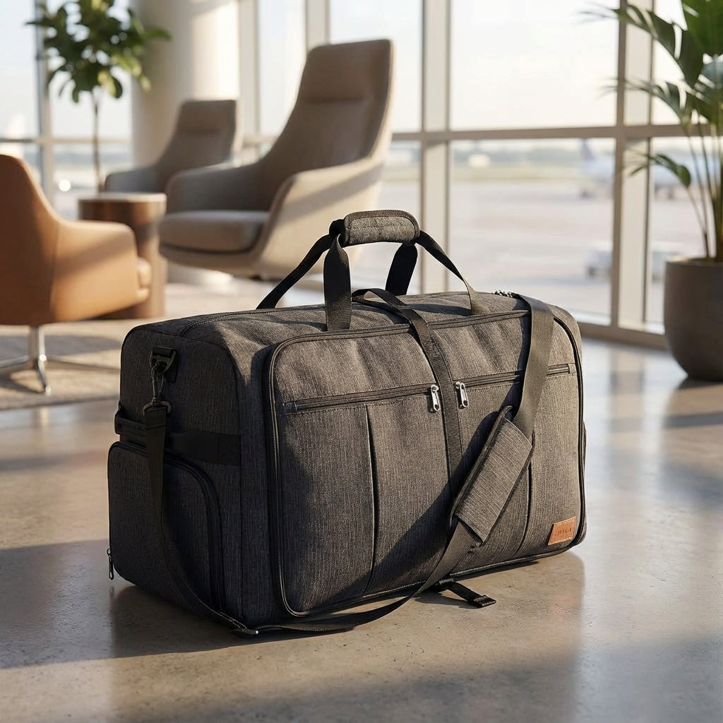 Extra stor hopfällbar resväska i svart polyester, perfekt för smidig transport och förvaring av bagage på resa.