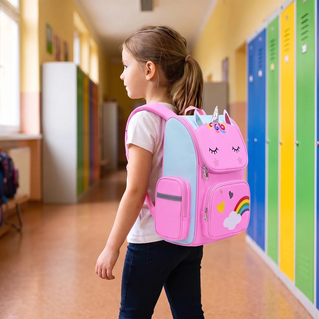 Färgglad enhörnings skolryggsäck för barn. Formstabil och ergonomisk barnväska i oxfordtyg, perfekt för skolan.
