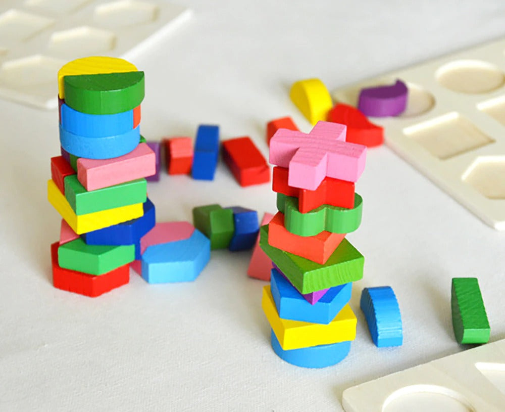 Pedagogiskt 3D-träpussel i nordisk design, hållbar, utvecklingsleksak för lek och lärande.