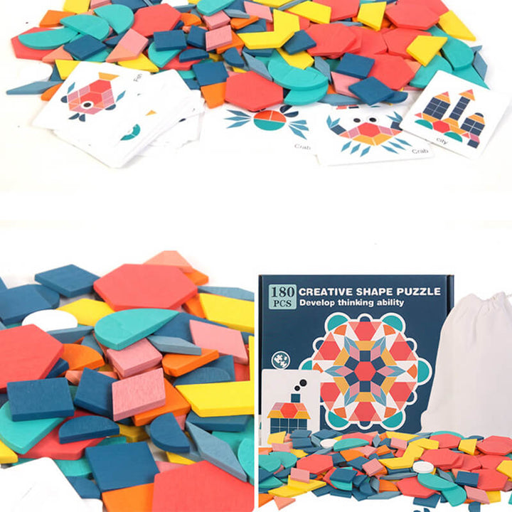Detaljbild av träpusselbitar utlagda, visar de robusta materialen och de klara färgerna som lockar barn.