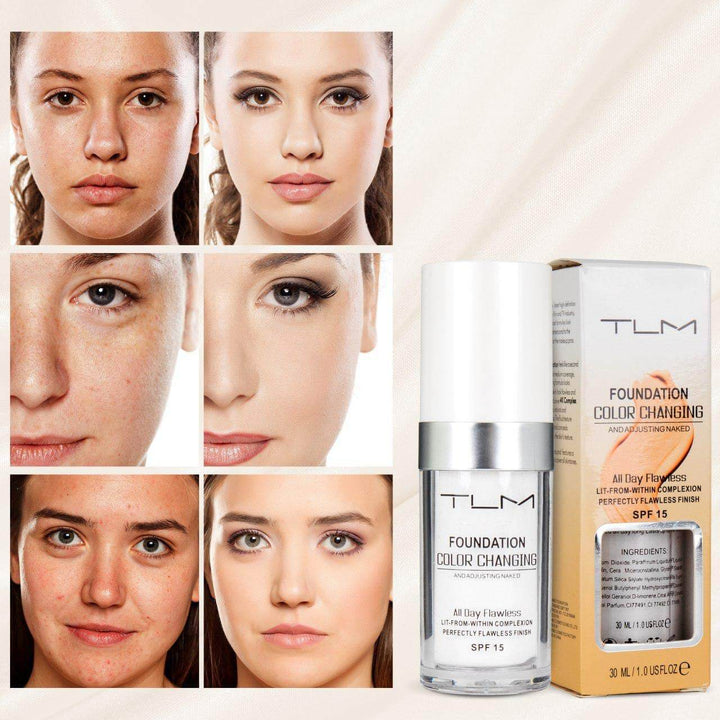 Glasflaska med 30 ml färgskiftande foundation för kvinnor, med elegant design och praktisk pump.