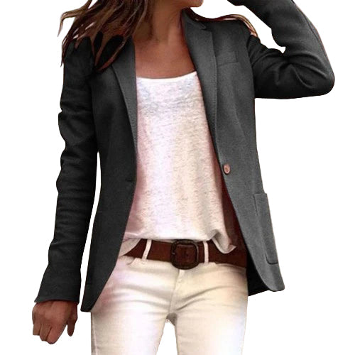 Figursydd dam blazer med klassisk reverskrage och långa ärmar, perfekt som elegant kontorsblazer.