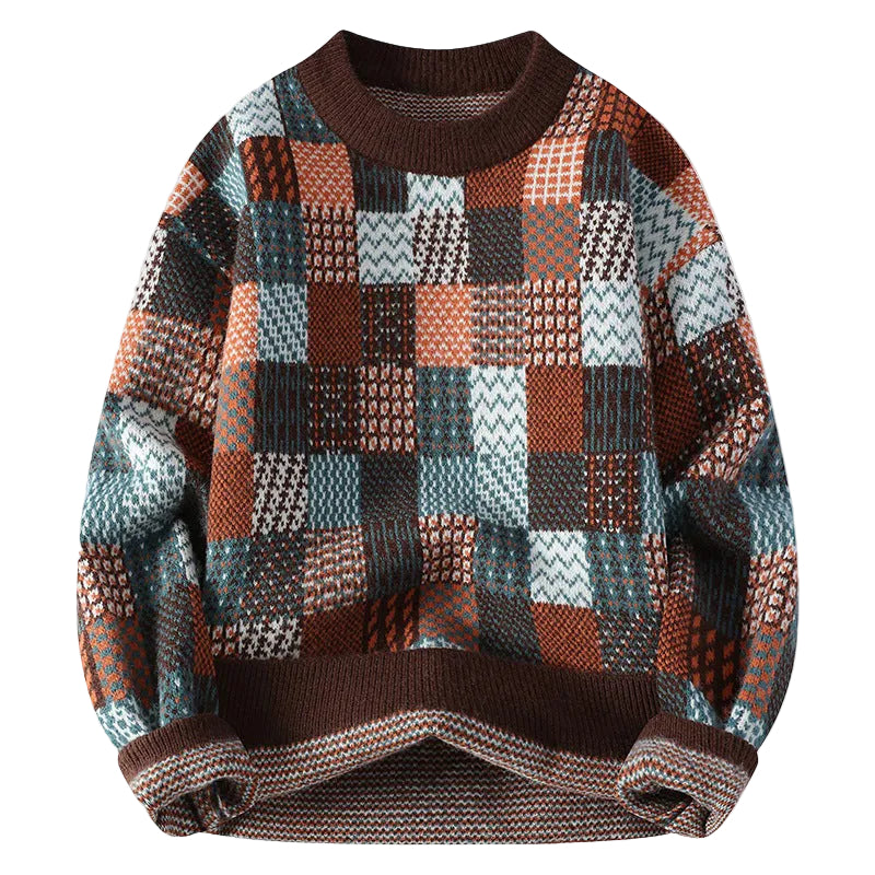 Flerfärgad chunky vintertröja för kvinnor i trendig lapptäcksdesign, perfekt för stilfull värme.